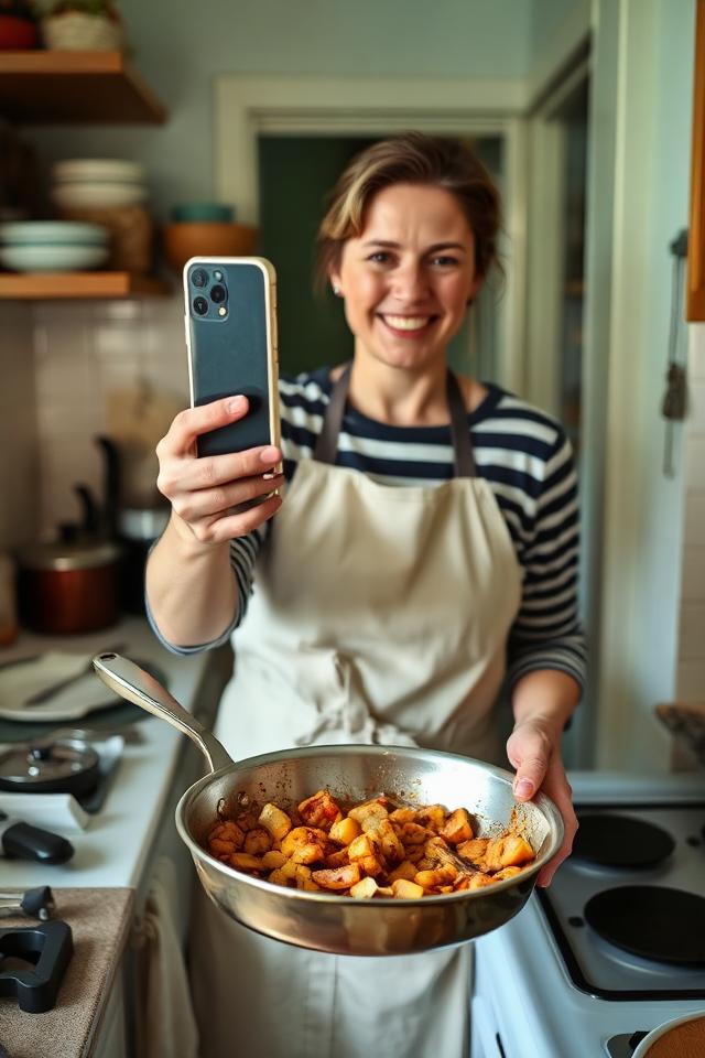 Home cook filming a pan of food