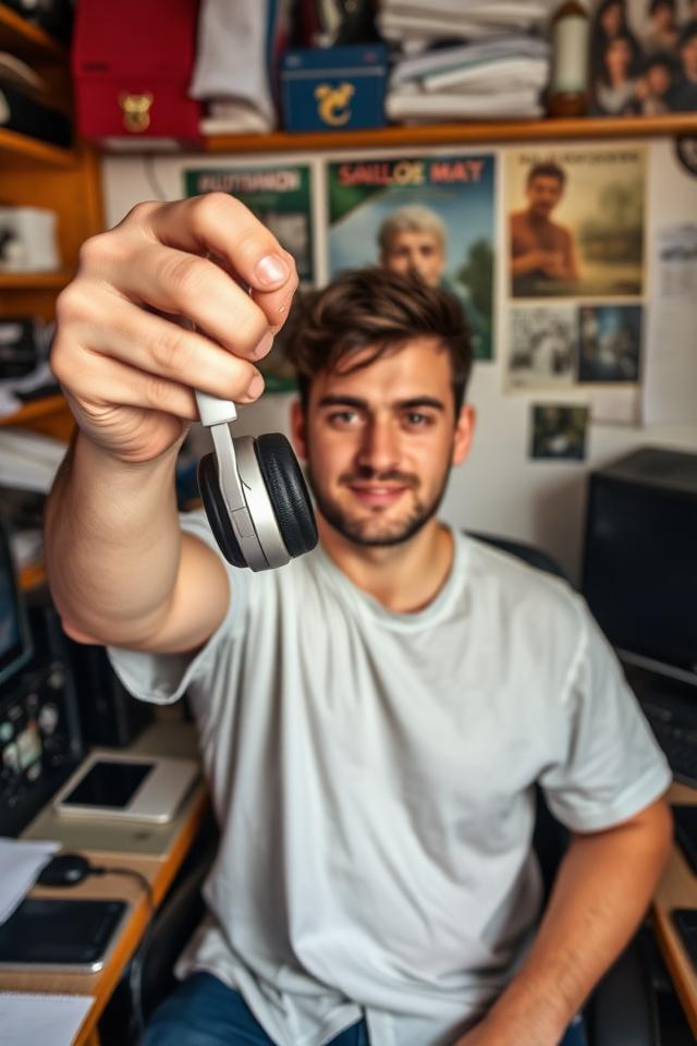 Creator showing headphones