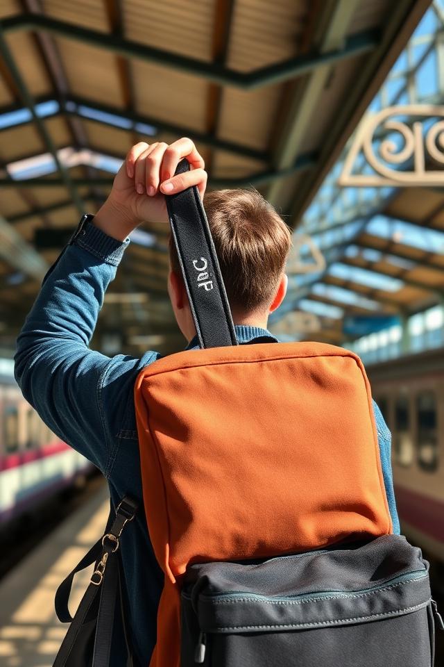 Creator with a backpack at a station